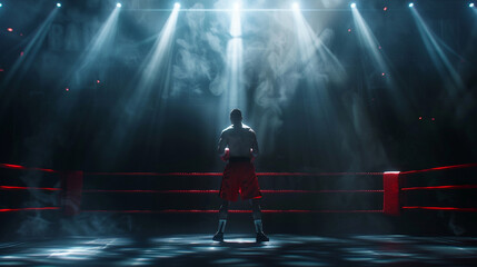 Champion professional boxer in ring, match with spot lighting. Banner sport winner