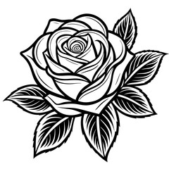 rose with leaves line art vector white background