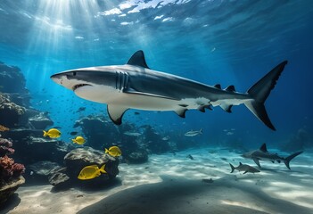 Naklejka premium Explore the Ocean's Depths: Encounter Sharks and Giant Fish in Their Natural Habitat