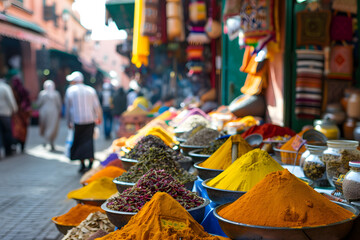A vibrant image of a crowded market street in Marrakech, with vendors selling spices, textiles, and traditional goods, capturing the essence of the sou