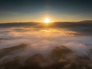 Beautiful morning Sunrise and Fog flow over mountain in Ai yerweng, Yala, Thailand