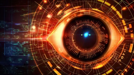A cyber security technology digital eye in neon orange and black, with binary code and data networks forming a safety scanner in a virtual cyberspace background.