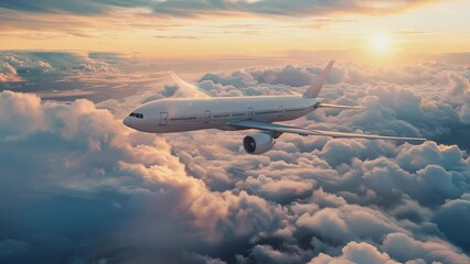 white passenger airplane flying in the sky above clouds at sunset