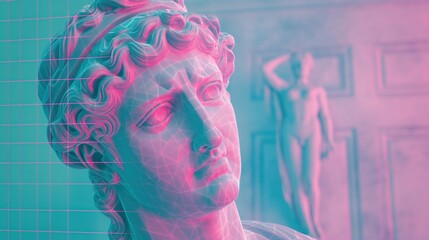Naklejka premium Vaporwave Classical Statues, Digital Grid.