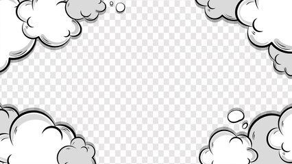 Comic clouds frame on transparent background. Pop art background. Boom, pow effect. Cartoon explosion. Cartoon vintage explosion.