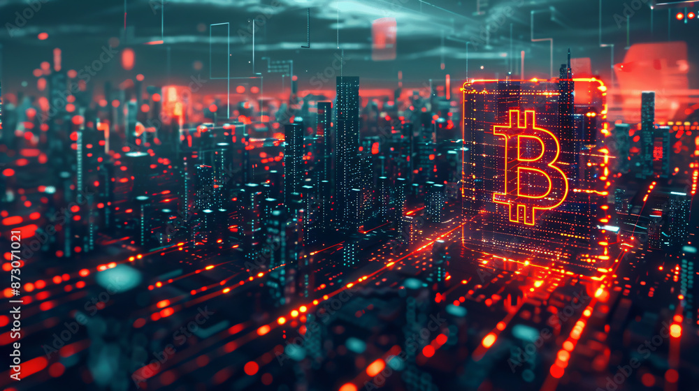 Poster a futuristic background illustrating blockchain technology and smart cities. it includes elements su
