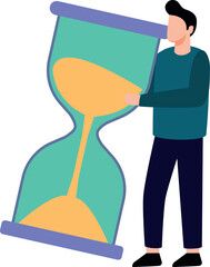 The boy is holding an hourglass.