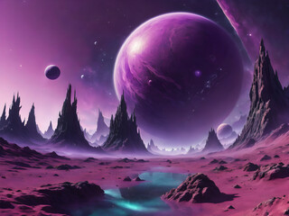 3d rendered Space Art: Alien Planet - A Fantasy Landscape with purple skies