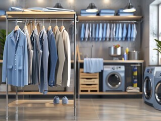 Neat dry cleaning business with clothes rack in front and equipment in back. Concept Dry Cleaning Business, Clothes Rack Display, Laundry Equipment Setup, Neat Interior Design