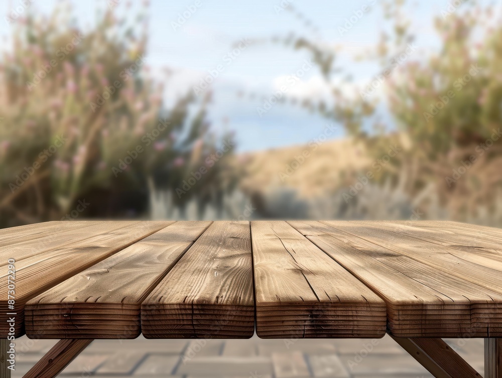 Poster outdoor background wooden table in 3d png transparent using for product presentation. created using 