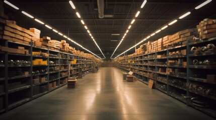 Fototapeta premium A building used for mass production and retail with shelves filled with boxes made of wood, metal, and composite materials as fixtures