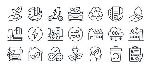 Green city editable stroke outline icons set isolated on white background flat vector illustration. Pixel perfect. 64 x 64.