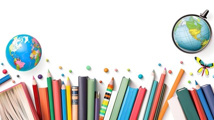 Fototapeta premium Colorful school supplies including books, pencils, and a globe on a white background, perfect for education-themed designs and projects.