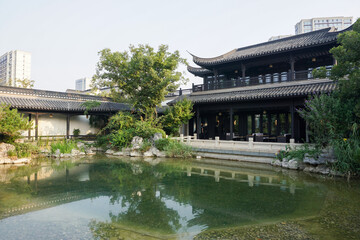 The garden in the luxury villa area of the Chinese city, the garden-style scenery of Jiangnan in China.
