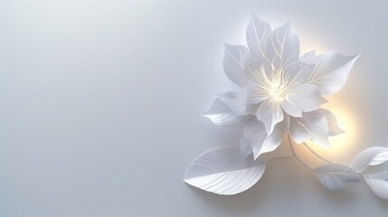 A delicate small white flower with two leaves in the corner of a page made with intricate paper cut work, glowing softly against a pure background.