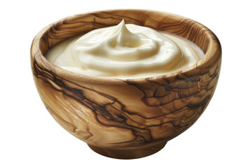 Greek yogurt in wooden bowl isolated on transparent background