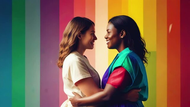 Two young women of different racial groups hug and smile at each other against rainbow background. Diversity within the LGBT community and acceptance of different views.
