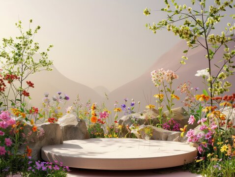 Product podium for product presentation and display with garden summer and spring flowers, floral summer background podium for cosmetic, with nature in the background. Generating AI