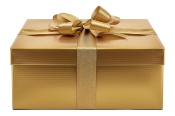 Golden gift box with golden ribbon isolated on transparent background