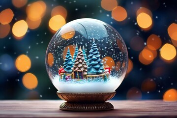 Snow Globe with Winter Forest Scene on Snowy Ground, Illuminated by Warm Lights in the Background. Generative AI