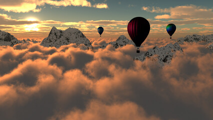 hot air balloons above the clouds