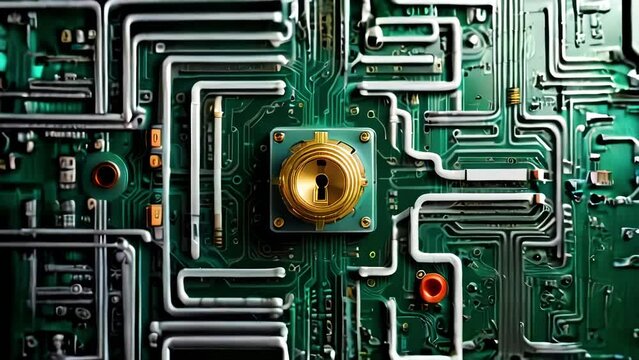 Golden closed keyhole on digital circuit board. Cybersecurity, symbol of security and lack of access to digital data.
