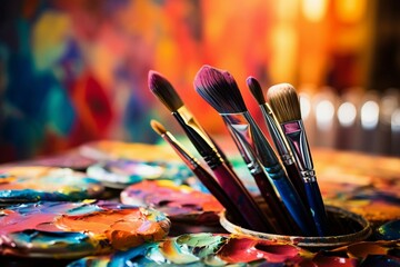 Obraz premium Artistic Arrangement of Paintbrushes in Front of a Colorful, Blurred Canvas, Ideal for Creative Projects. Generative AI