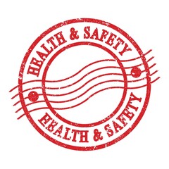 HEALTH & SAFETY, text written on red postal stamp.