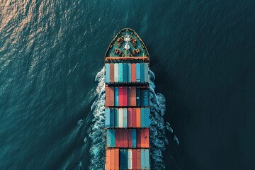 A cargo ship carrying numerous containers sails across a vast ocean, photographed from a high angle perspective. Generative AI