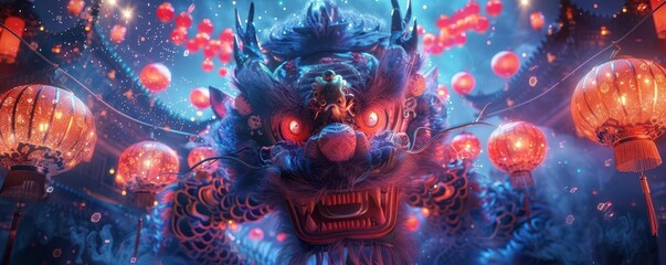 Fiery dragon with glowing eyes and lanterns in the background.