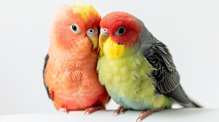 Obraz premium Tender Love: Beautiful Lovebirds Posed Closely in Professional Studio on White Background