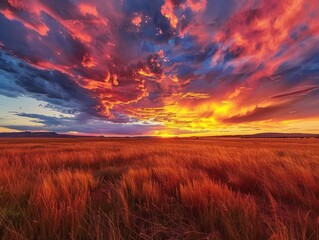 Fototapeta premium Stunning Sunset Over Golden Field in Santa Fe, New Mexico - Vibrant Sky and Dramatic Clouds Creating Majestic Atmosphere