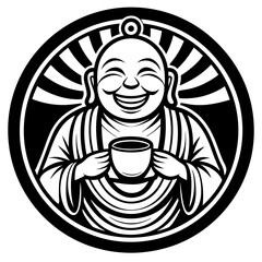 round logo cheerful buddha with a mug of tea
