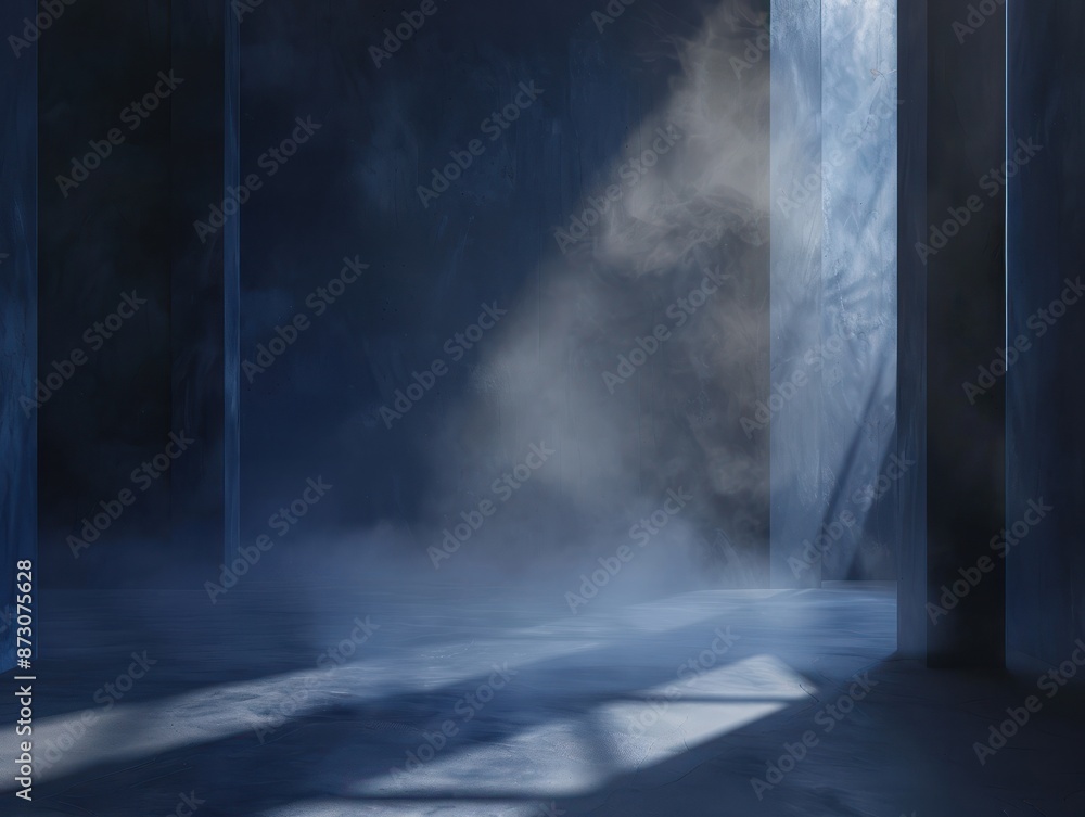 Poster the dark stage with smoky dark blue background. an empty dark room with window shadows for display p