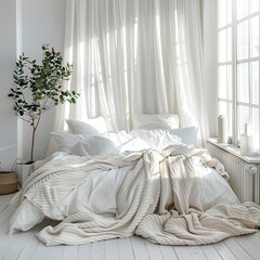 white bedroom with pillow blanket white curtain and window ,white cozy room conept,Large comfortable bed in light room.