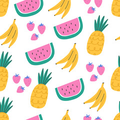 Colorful summer fruits, seamless pattern, cartoon flat vector illustration on white background. Wallpaper with watermelon, banana, strawberry and pineapple. Tropical fruits pattern.