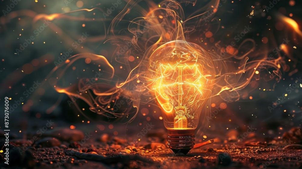 Poster a light bulb that is glowing on a table generative