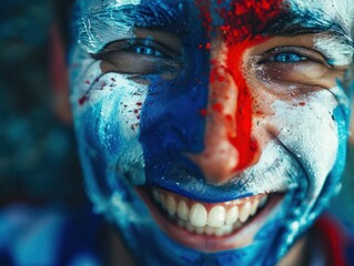Vibrant Portrait of a Joyful male France Supporter with a French Flag Painted on His Face, Celebrating at UEFA EURO 2024
