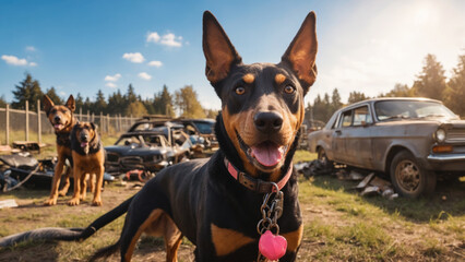 Image of a black and tan dog in a junkyard with a bright pink tag on his collar in the foreground, with more dogs, several old cars and trees visible in the background under a clear sky