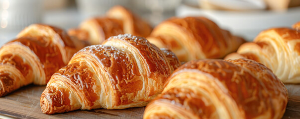Freshly baked croissants on a tray, showcasing their golden, flaky texture and inviting aroma.

