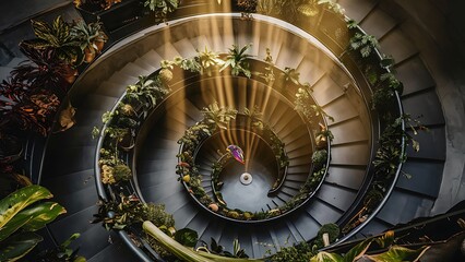 Spiral Staircase With Sunlight and Plants