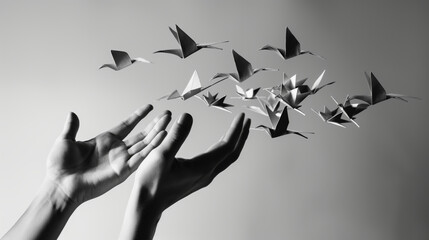 A pair of hands releasing a flock of paper birds into the air on a monochromatic background representing freedom and letting go.