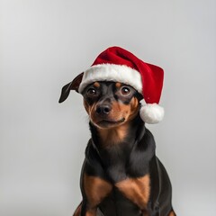 Miniature pinscher dog with red Santa Claus hat celebrating Christmas holidays. isolated on white background. Generative AI