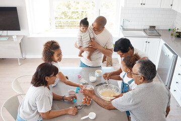 Family, kitchen and ingredients for baking together in home, teaching grandchildren and cooking. People, helping and education for child development, generations bonding and above support for meal