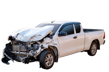 Car crash, Front and Side view of white pickup car get hard damaged by accident on the road. damaged cars after collision. isolated on transparent background, PNG File