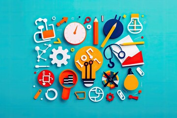 Colorful educational tools and creative icons on a blue background symbolizing science, learning, and technology concepts.
