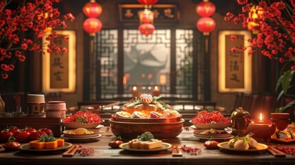 Traditional Chinese New Year feast with lanterns and decorations.