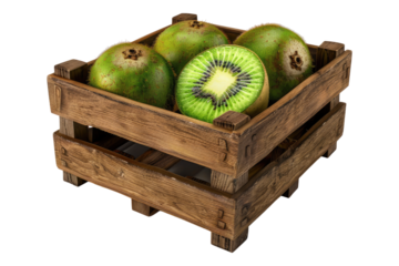 Kiwi fruit in wooden crate isolated on transparent background