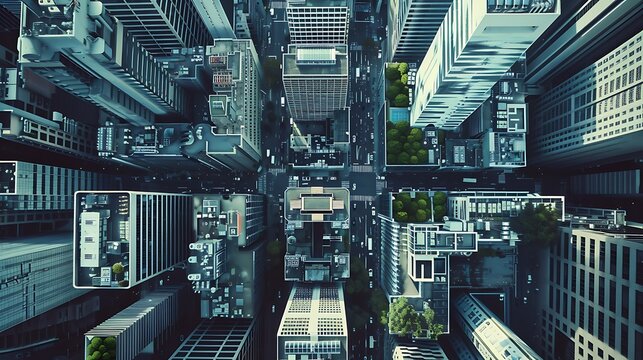 An aerial view of a city skyline with data centers and server farms illustrating the vast amount of data being processed and analyzed.