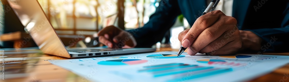 Poster financial advisor consulting client with graphs and charts for personalized investment guidance